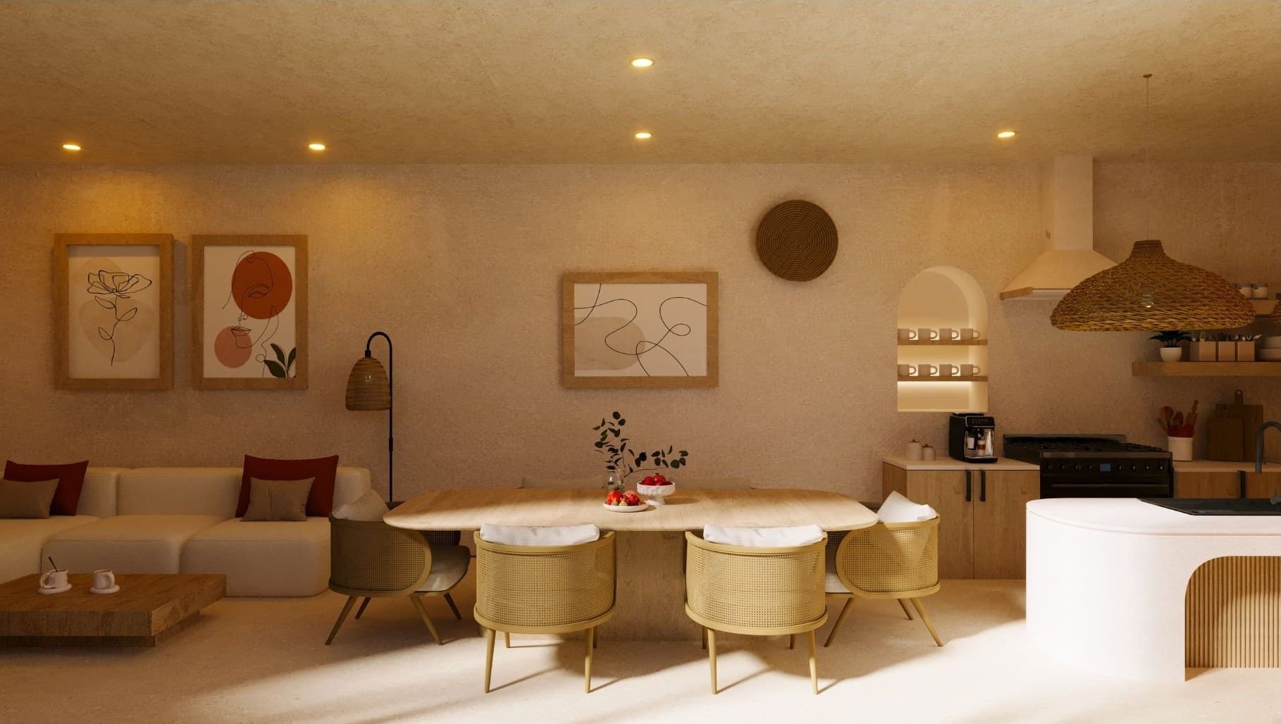 Open-plan bohemian living and dining space in soft whites, rattan and light wood